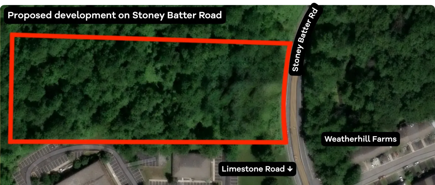 Aerial view of the wooded parcel on Stoney Batter Road proposed for clearing, outlined in red, with Weatherhill Farms and Limestone Road nearby